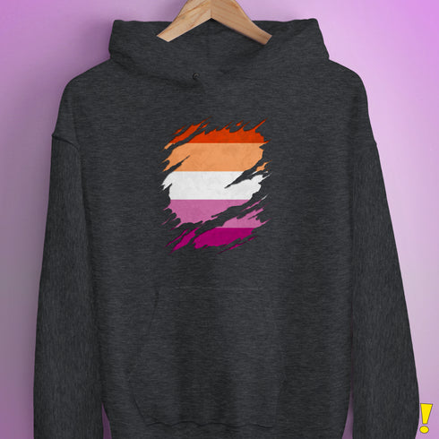 Lesbian Pride Flag Ripped Reveal Hoodie - Dark Grey Heather